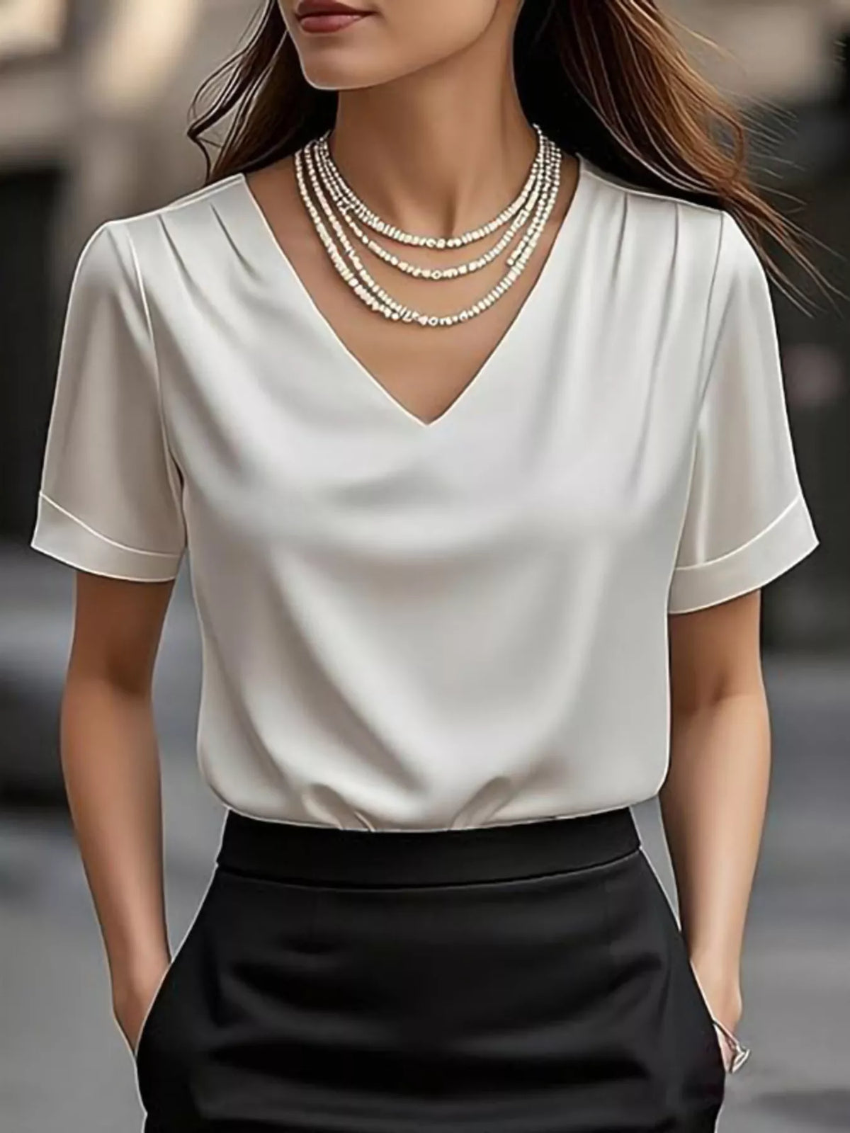 V-Neck Short Sleeve Satin Blouse - White - View 4