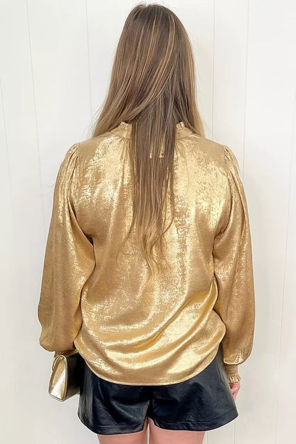 Metallic Sheen V Neck Gathered Cuff Long Sleeve Blouse - Gold - View 4