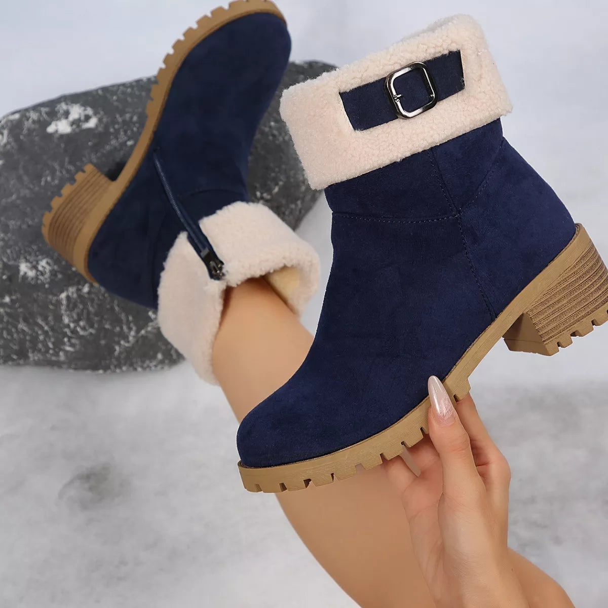 Round Toe Block Heels Boots - Blue - View 9