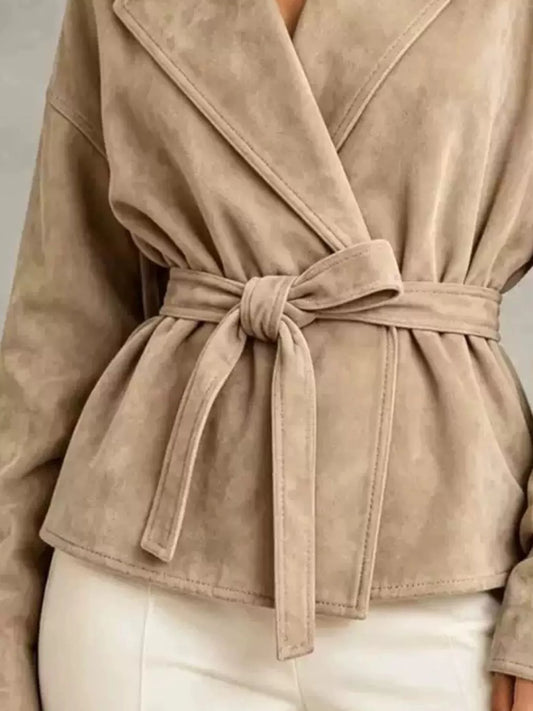 Tie-Waist Lapel Collar Jacket - Apricot - View 2