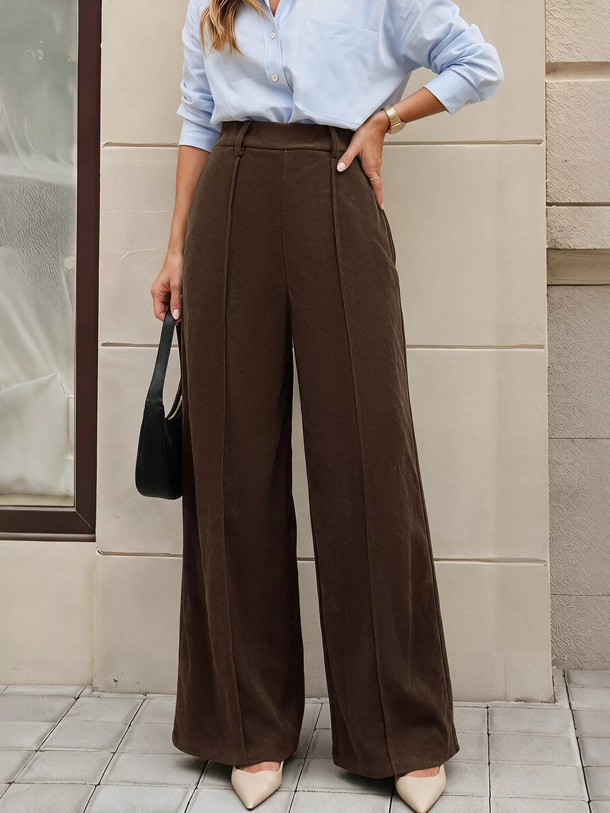 High-Waisted Wide-Leg Pants - Coffee Brown - View 3