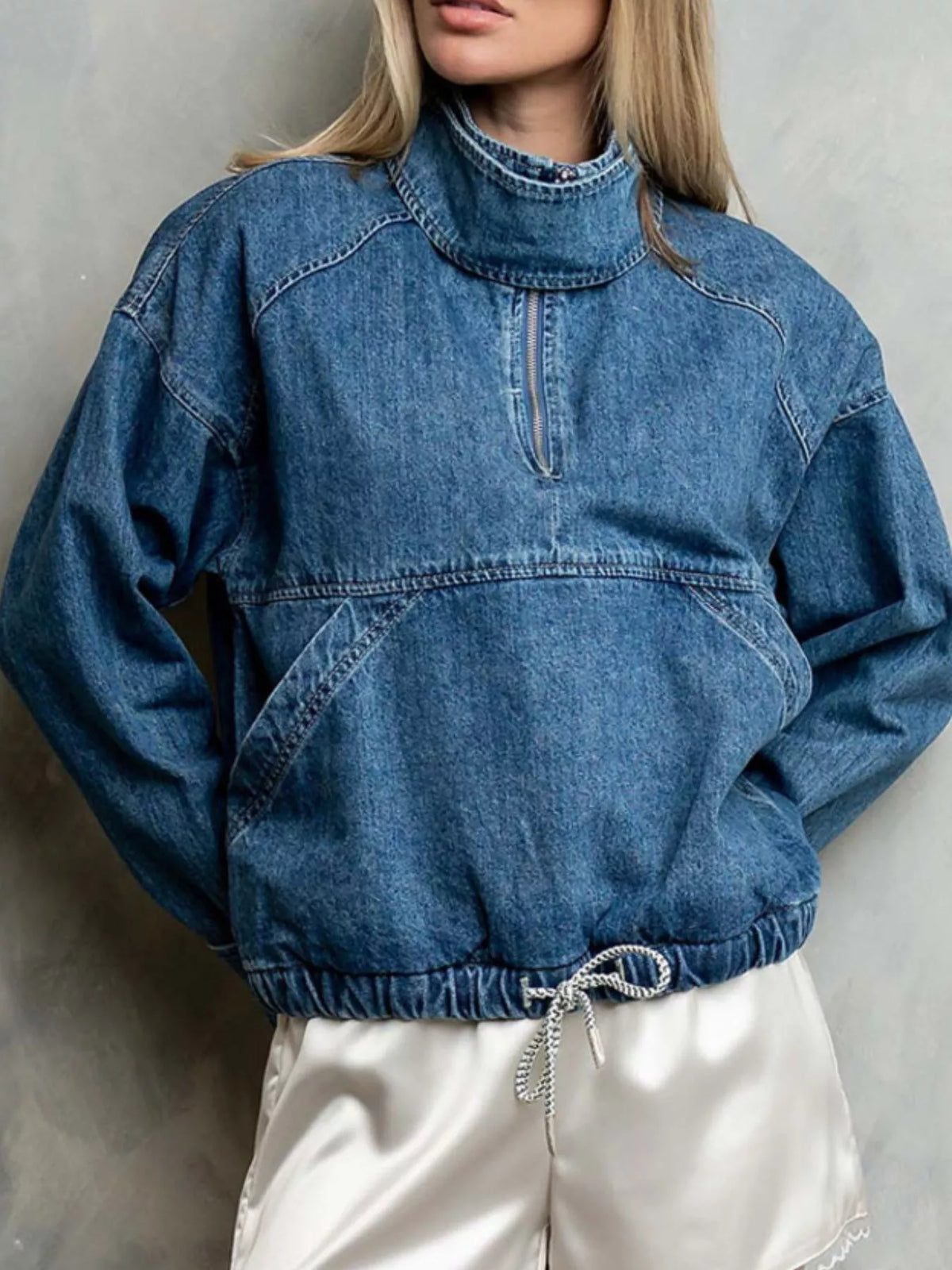 Half-Zip Turtleneck Denim Top - Blue - View 1