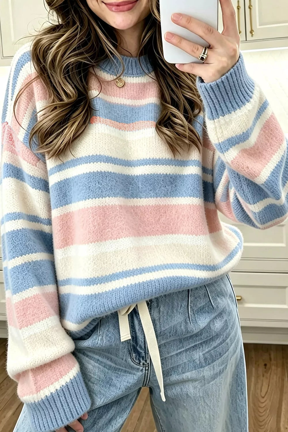 Striped Dropped Shoulder Sweater - Light Blue - View 1