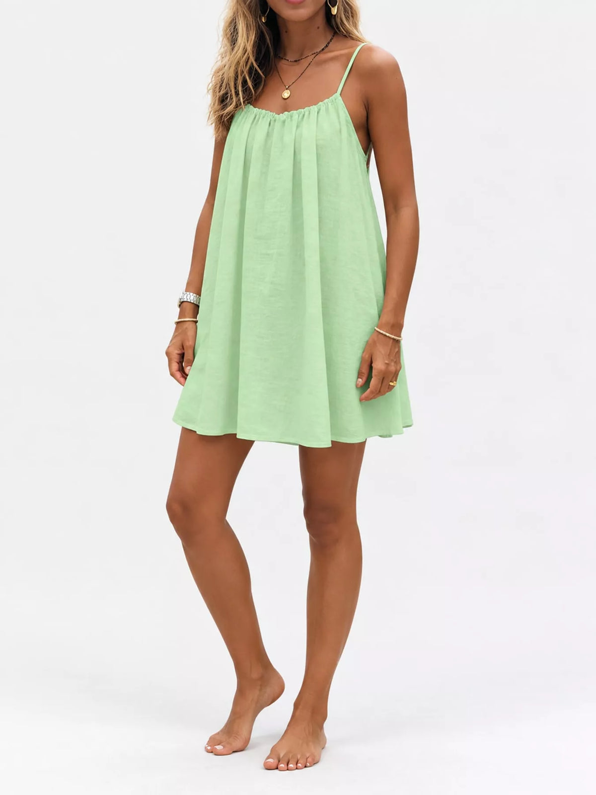 Full Size Backless Spaghetti Strap A-Line Mini Dress Plus Size - Mint Green-Style C - View 81