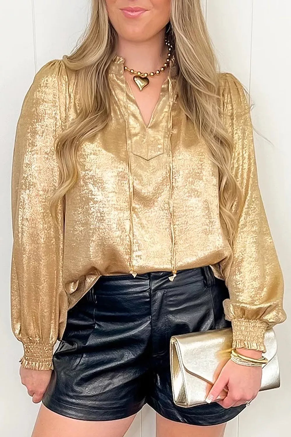 Metallic Sheen V Neck Gathered Cuff Long Sleeve Blouse - Gold - View 3