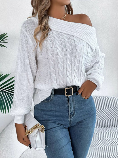 One Shoulder Cable Knit Sweater - White - View 4