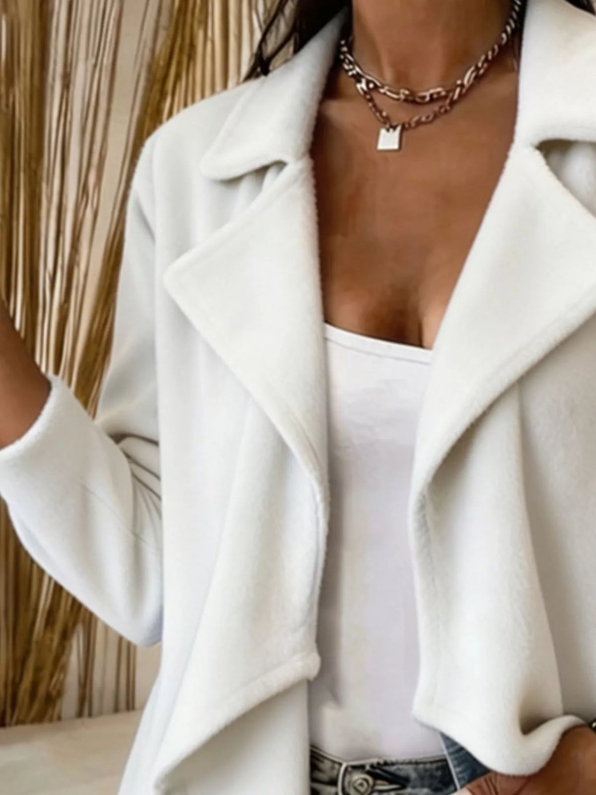 Full Size Fleece Waterfall Collar Outerwear Plus Size - White - View 8