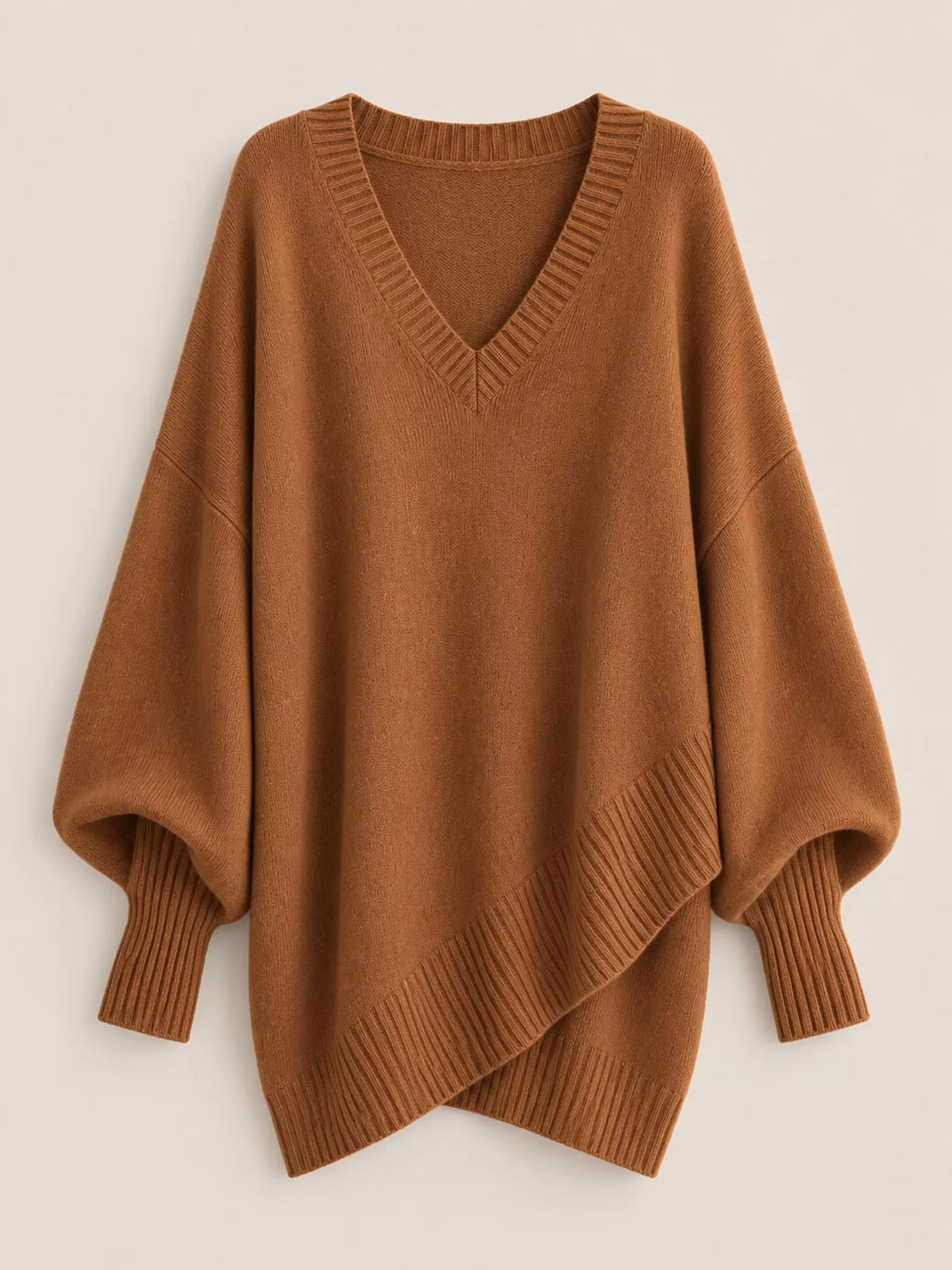 Full Size V-Neck Oversized Batwing Sleeve Sweater Plus Size - Golden Brown - View 37