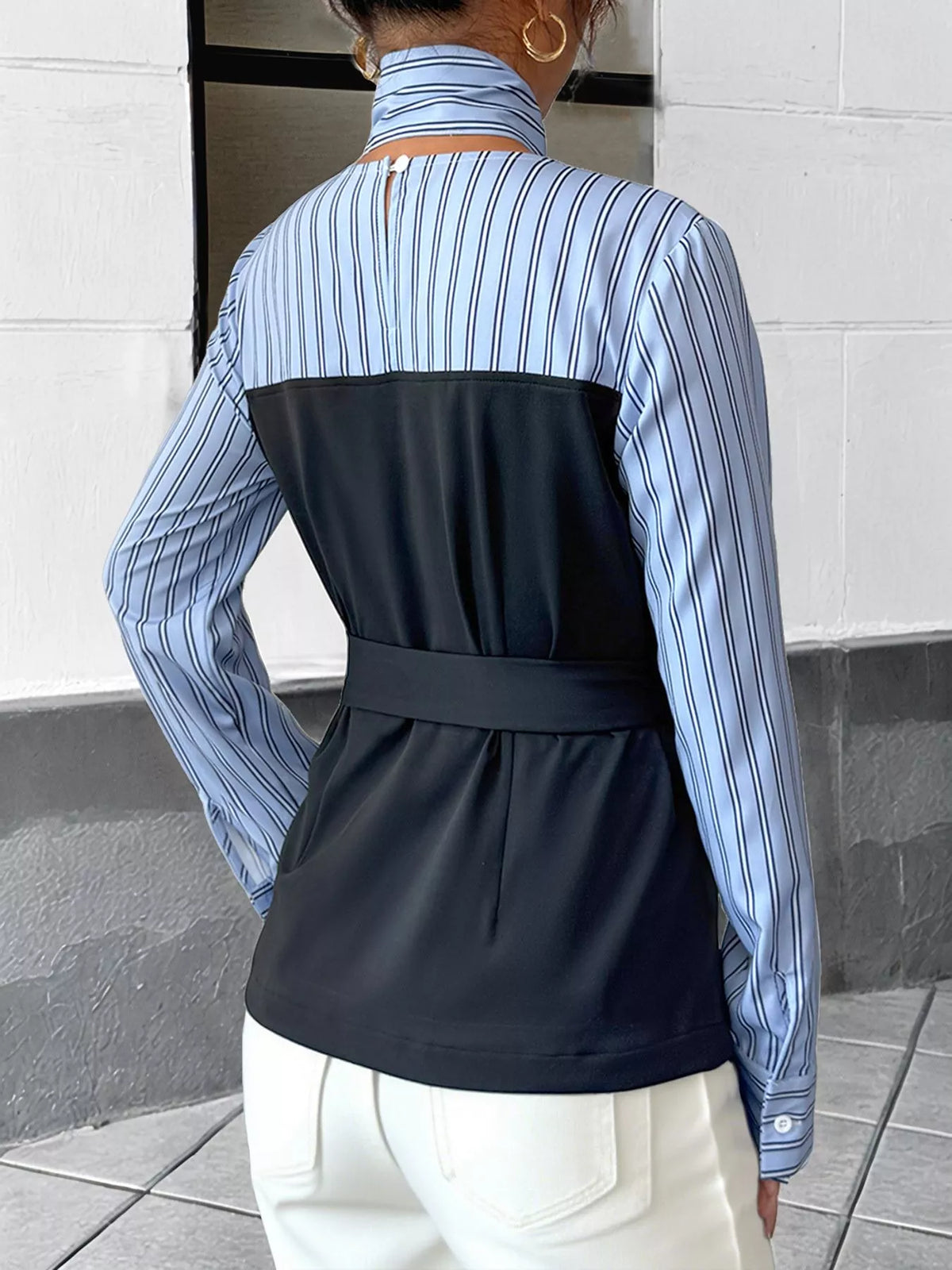 Striped Long Sleeve Blouse with Bow Tie - Blue - View 6