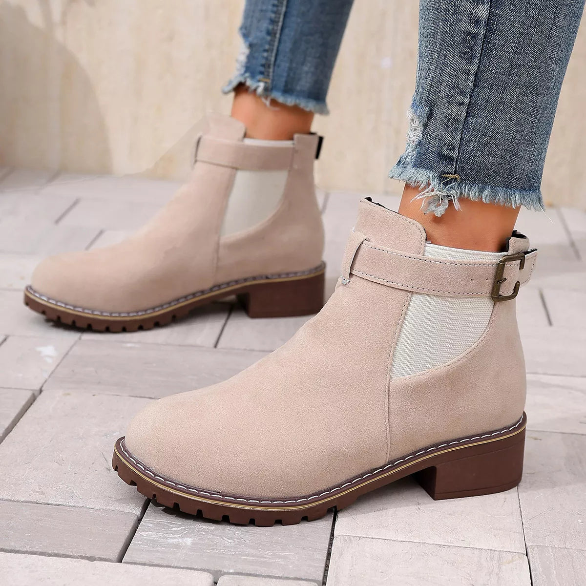 Round Toe Block Heels Boots - Beige - View 13