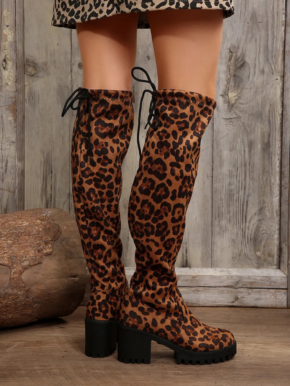 Leopard Round Toe Block Heel Boots - Leopard - View 4