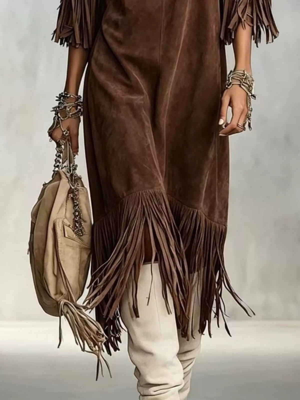 Fringed Round Neck Midi Dress - Brown - View 1