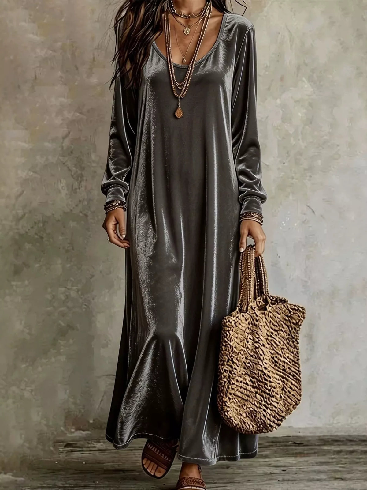 Velvet Long-Sleeve Maxi Dress - Gray - View 11