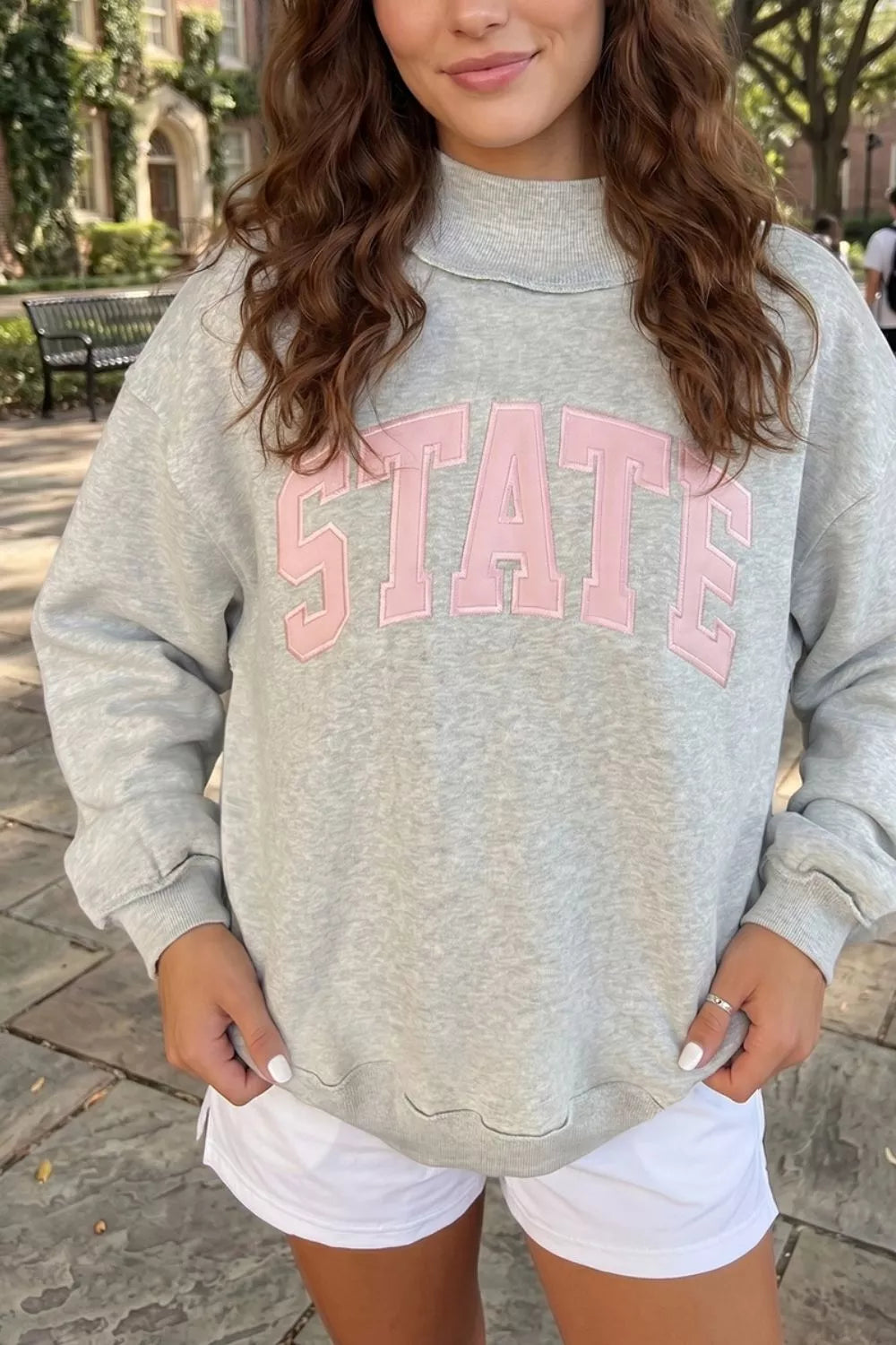 Exposed Seam Mock Neck STATE Letter Graphic Loose Sweatshirt - Gray - View 2
