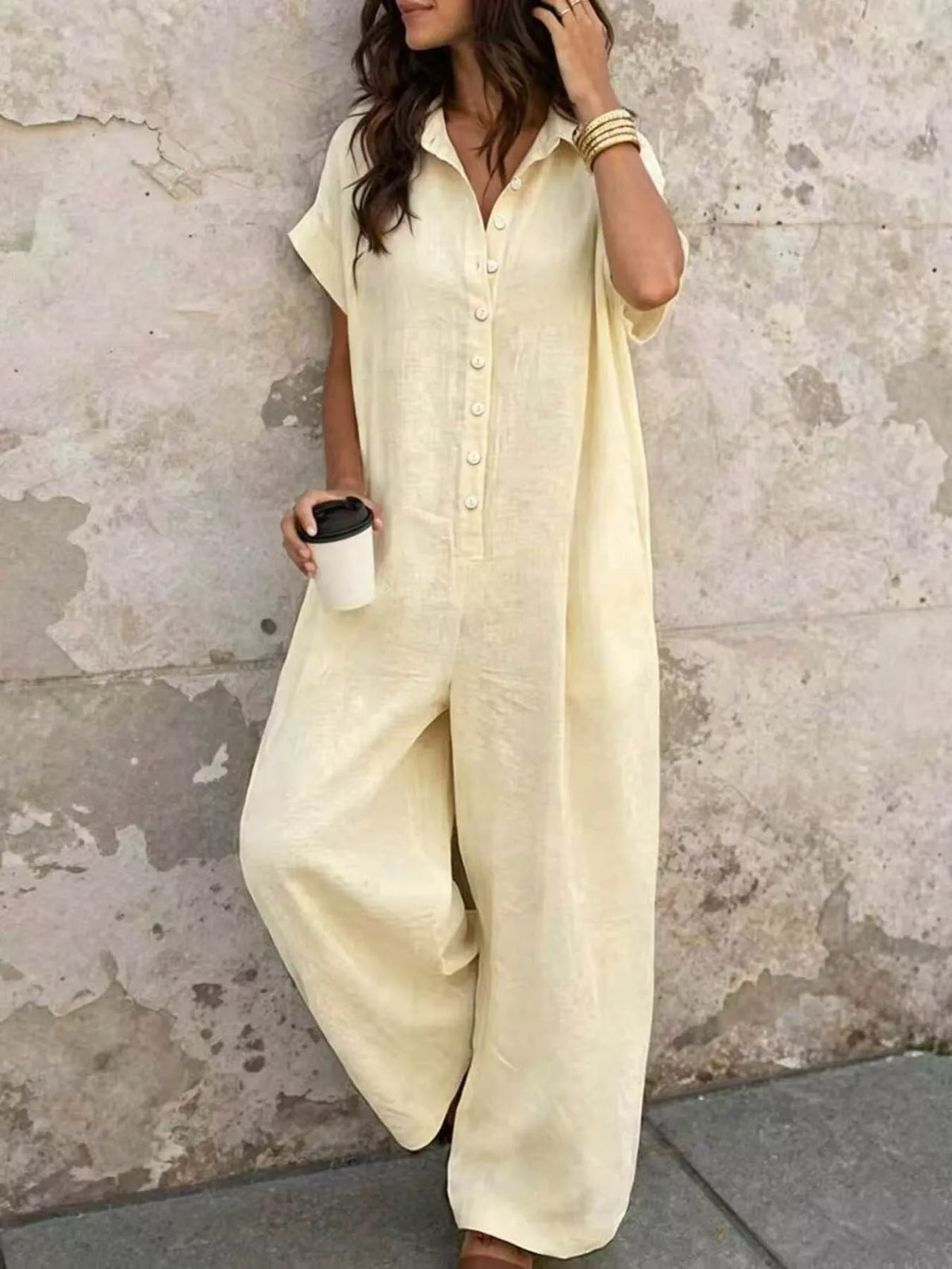 Button Front Short Sleeve Jumpsuit - Apricot - View 1