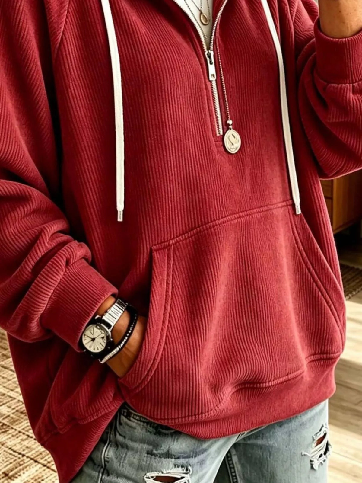 Ribbed Knit Quarter-Zip Hoodie with Kangaroo Pocket - Deep Red - View 2
