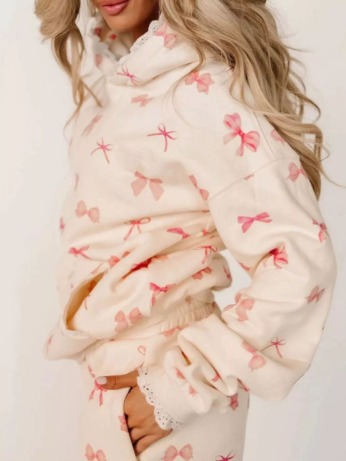 Lace Trim Kangaroo Pocket Hoodie - Bow - View 2