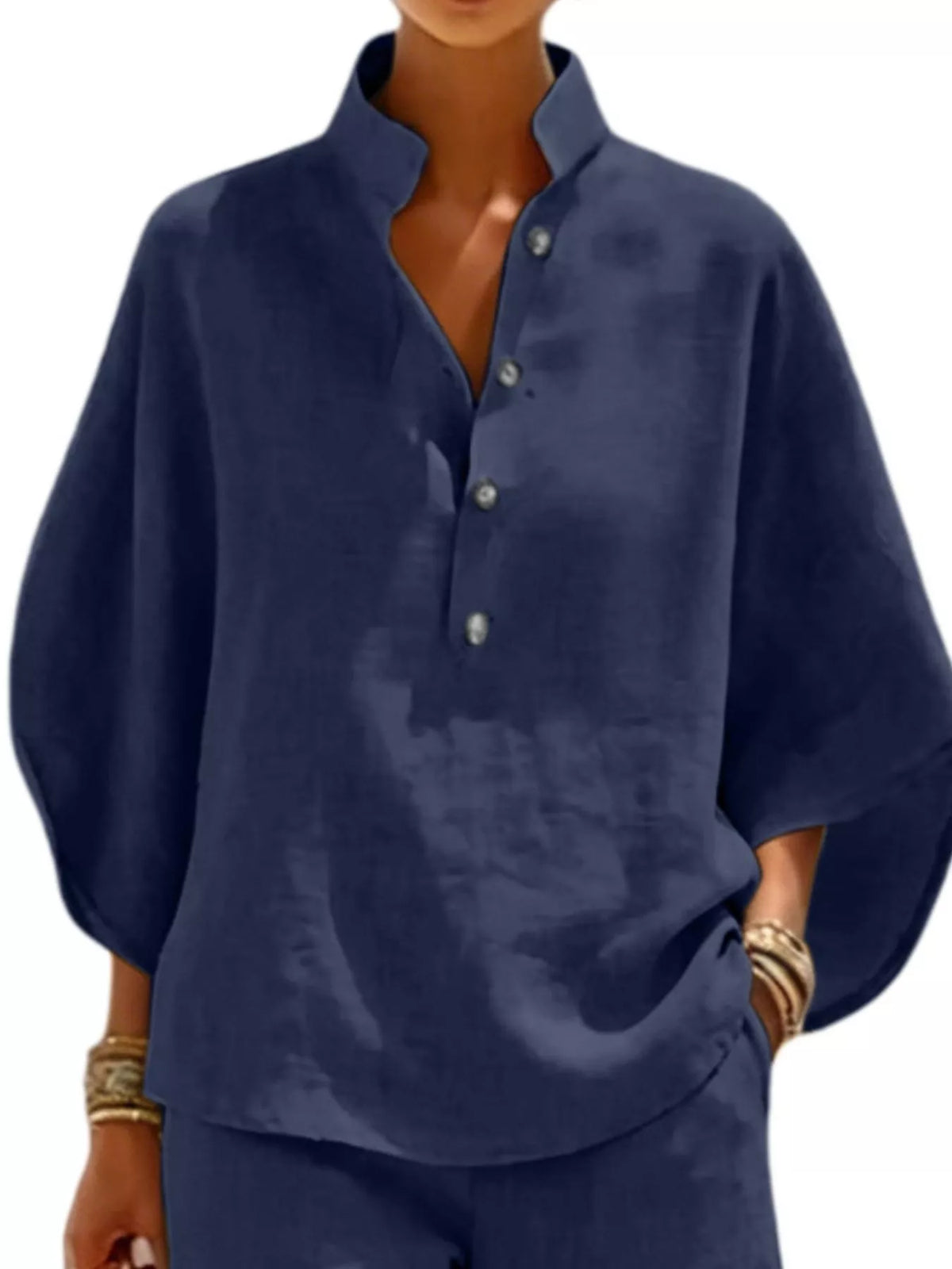 Full Size Button Detail Loose Fit Top and Shorts Set Plus Size - Navy Blue - View 2