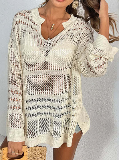 Cutout Notched Long Sleeve Cover-Up - Tan - View 7