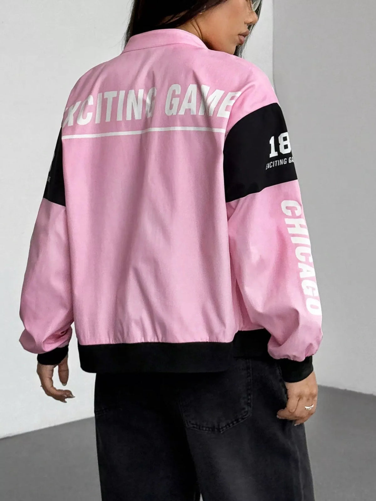 Letter Print Zip Up Jacket - Pink - View 5