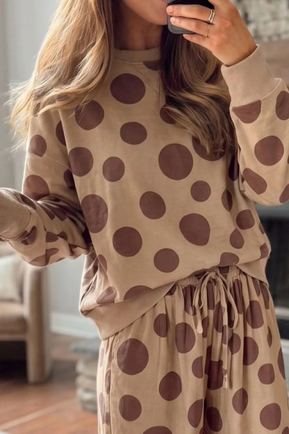 Polka Dot Top and Pants Two-Piece Set - Khaki - View 2