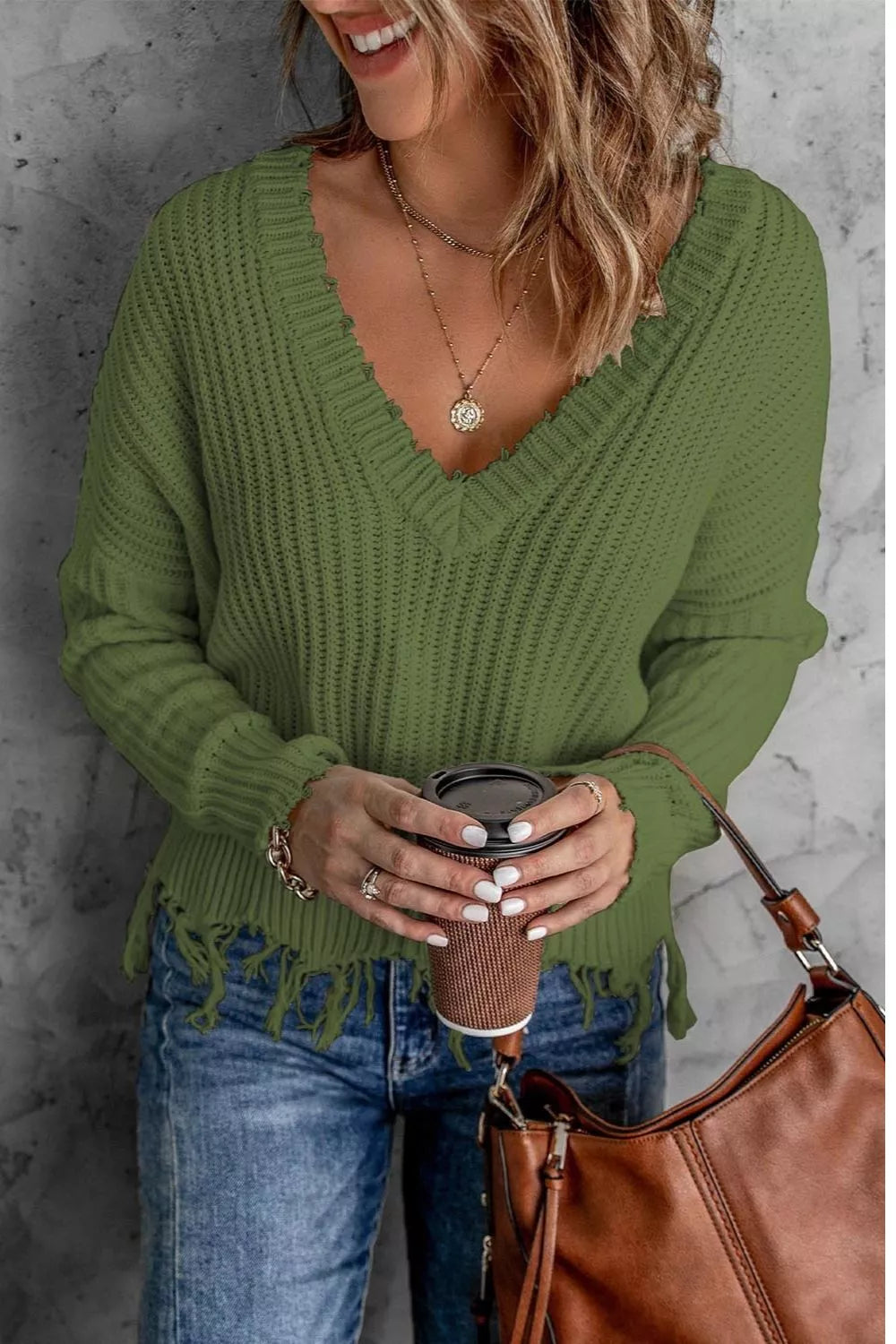 Full Size Raw Hem V-Neck Sweater Plus Size - Army Green - View 1