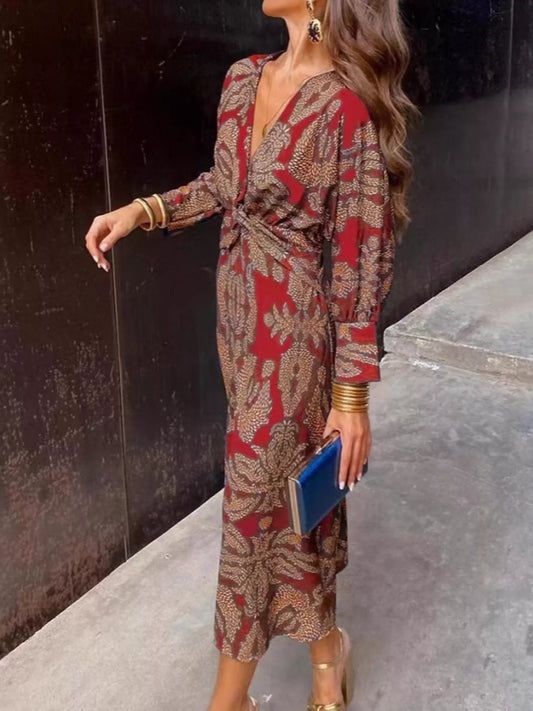 Full Size Printed V-Neck Long Sleeve Twisted Midi Dress Plus Size - Wine Red - View 1