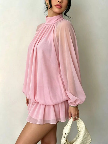 Mock Neck Sheer Chiffon Mini Dress - Dusty Pink - View 2