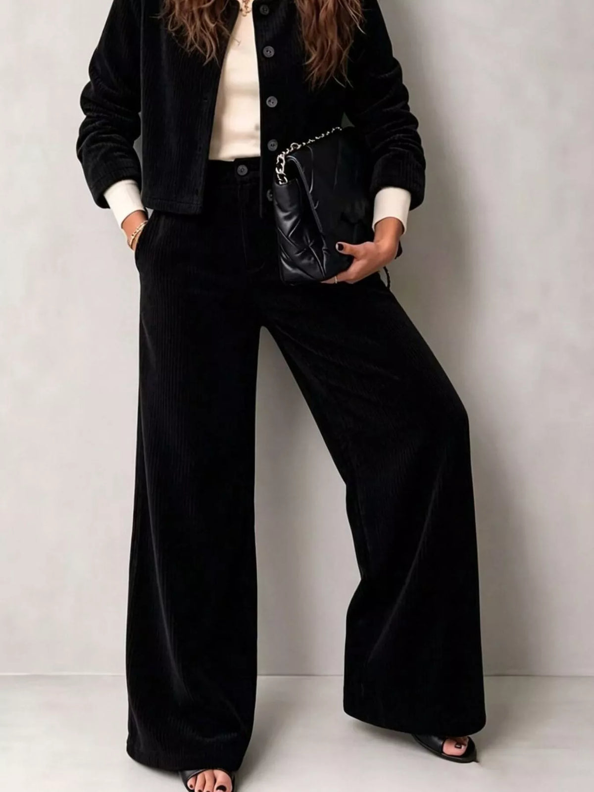 Full Size Corduroy Button-Down Jacket and Wide-Leg Pants Two-Piece Set Plus Size - Black - View 15