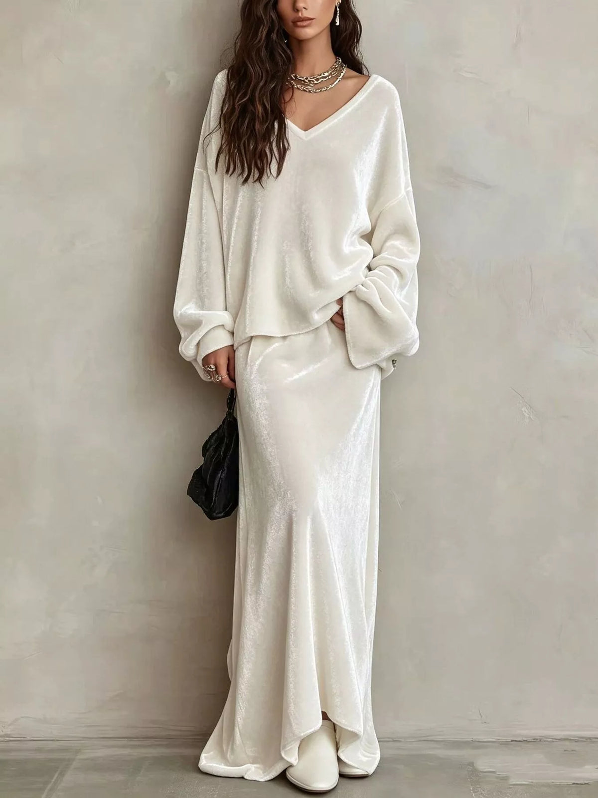 V-Neck Velvet Long Sleeve Top and Maxi Skirt Two-Piece Set - White - View 1