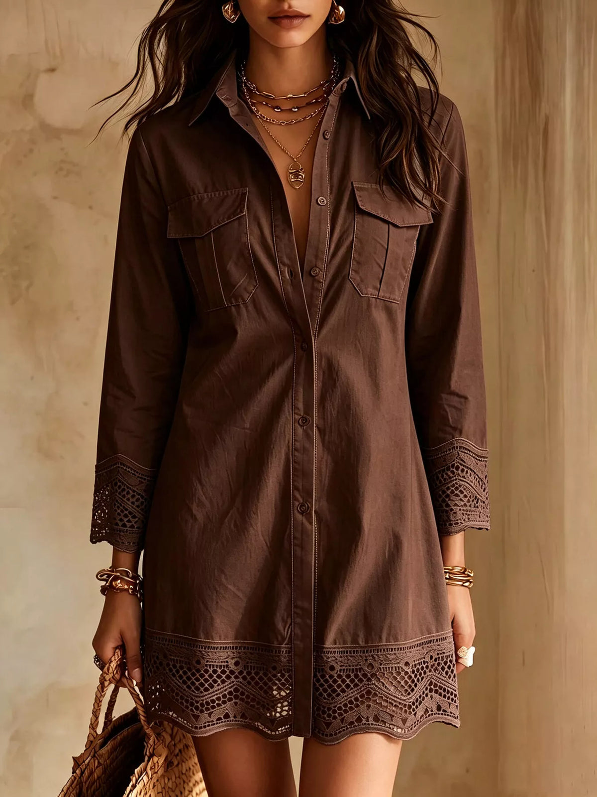 Button-Down Shirt Dress with Lace Trim - Dark Brown - View 1