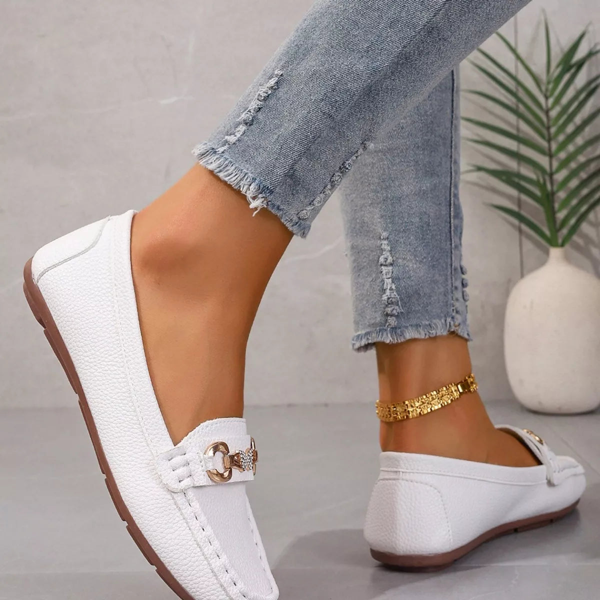 Round Toe Slip-Ons - White - View 6