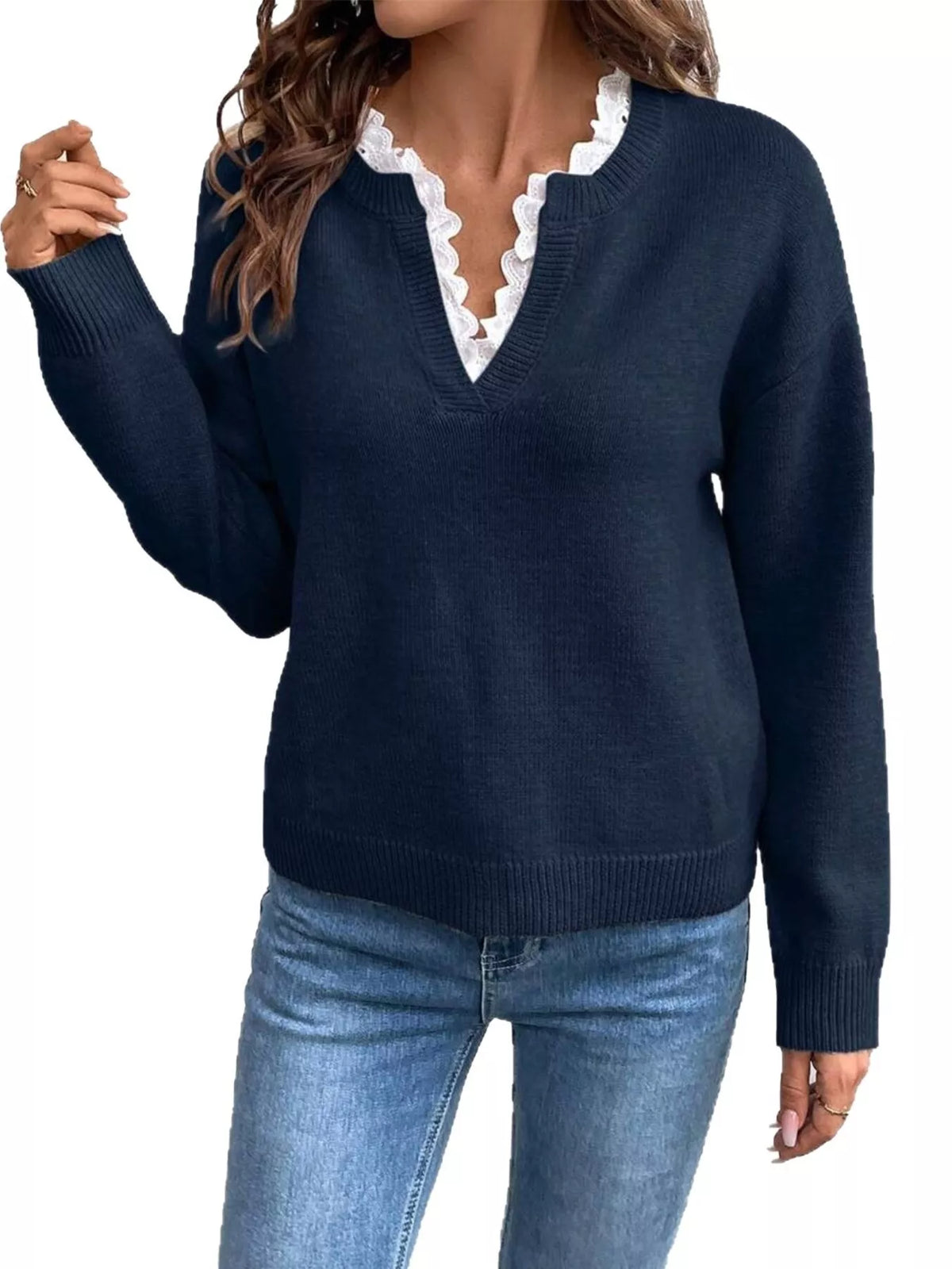 Lace Trim Dropped Shoulder Sweater - Navy Blue - View 2