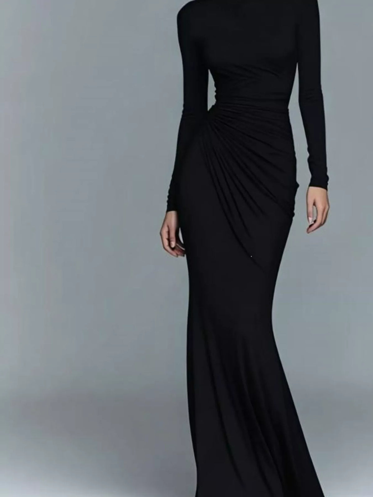 Turtleneck Long-Sleeve Ruched Maxi Dress - Black - View 6