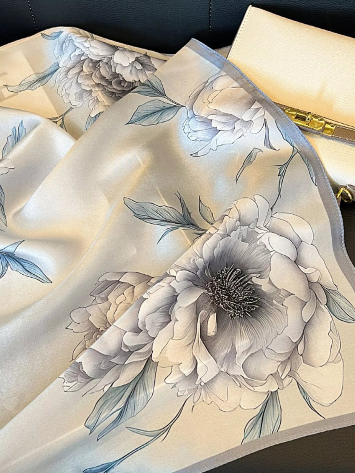 Floral Print Silk Square Scarf - Light Gray - View 5