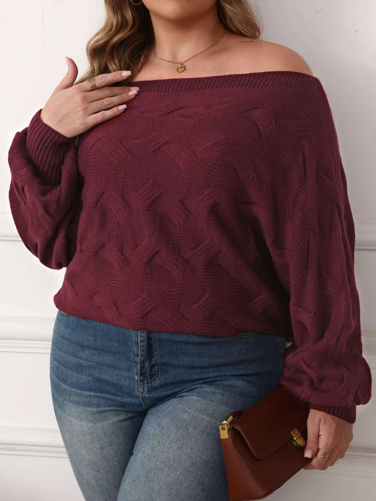 Plus Size Off-Shoulder Long Sleeve Sweater - Burgundy - View 4