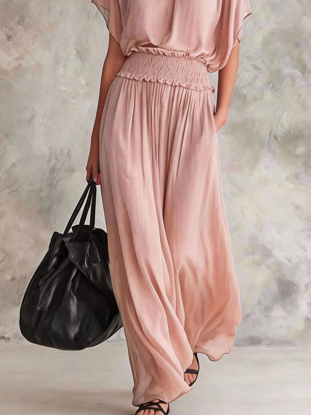 Chiffon Maxi Dress with Smocked Waist - Dusty Pink - View 3