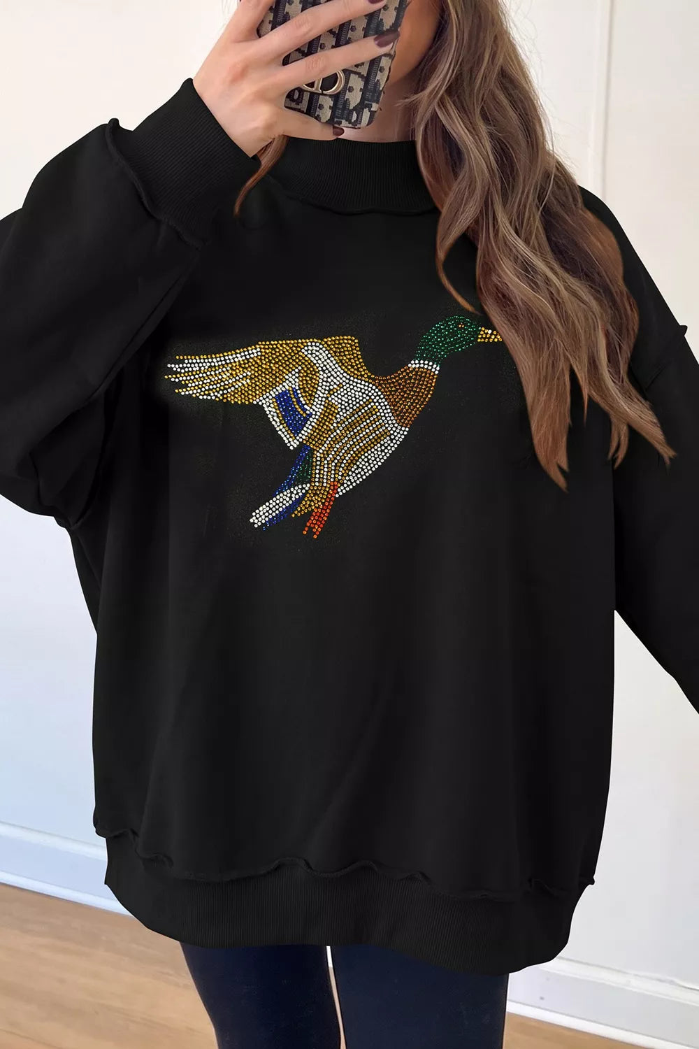 Rhinestone Flying Mallard Mock Neck Tunic Sweatshirt - Black - View 2