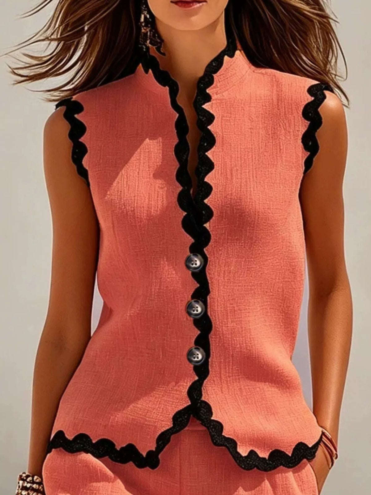 Full Size Scalloped Trim Sleeveless Vest and Shorts Two-Piece Set Plus Size - Orange-red - View 2