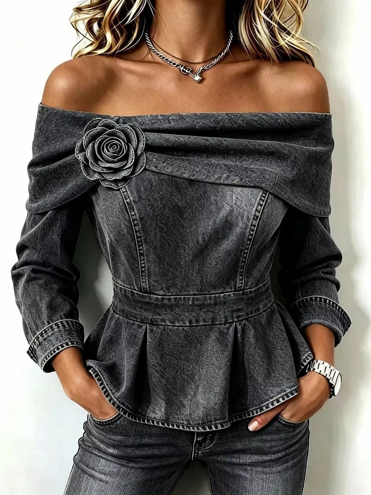 Full Size Off-Shoulder Floral Denim Look Top Plus Size - Black - View 1