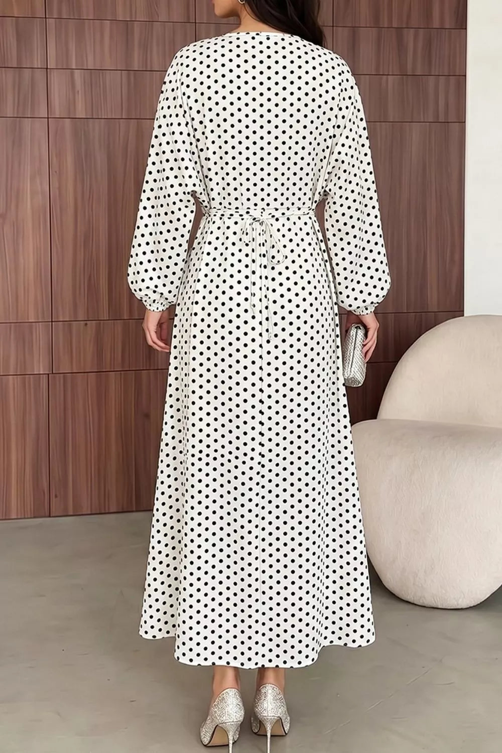 Polka Dot Long Sleeve Maxi Dress - White - View 2