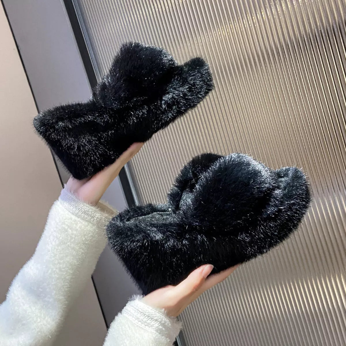 Fluffy Wedge Slippers - Black - View 3