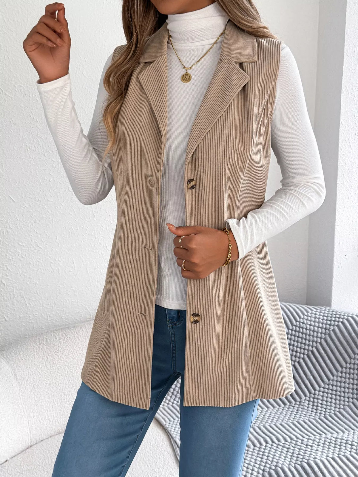 Button-Front Longline Vest Coat - Khaki - View 5