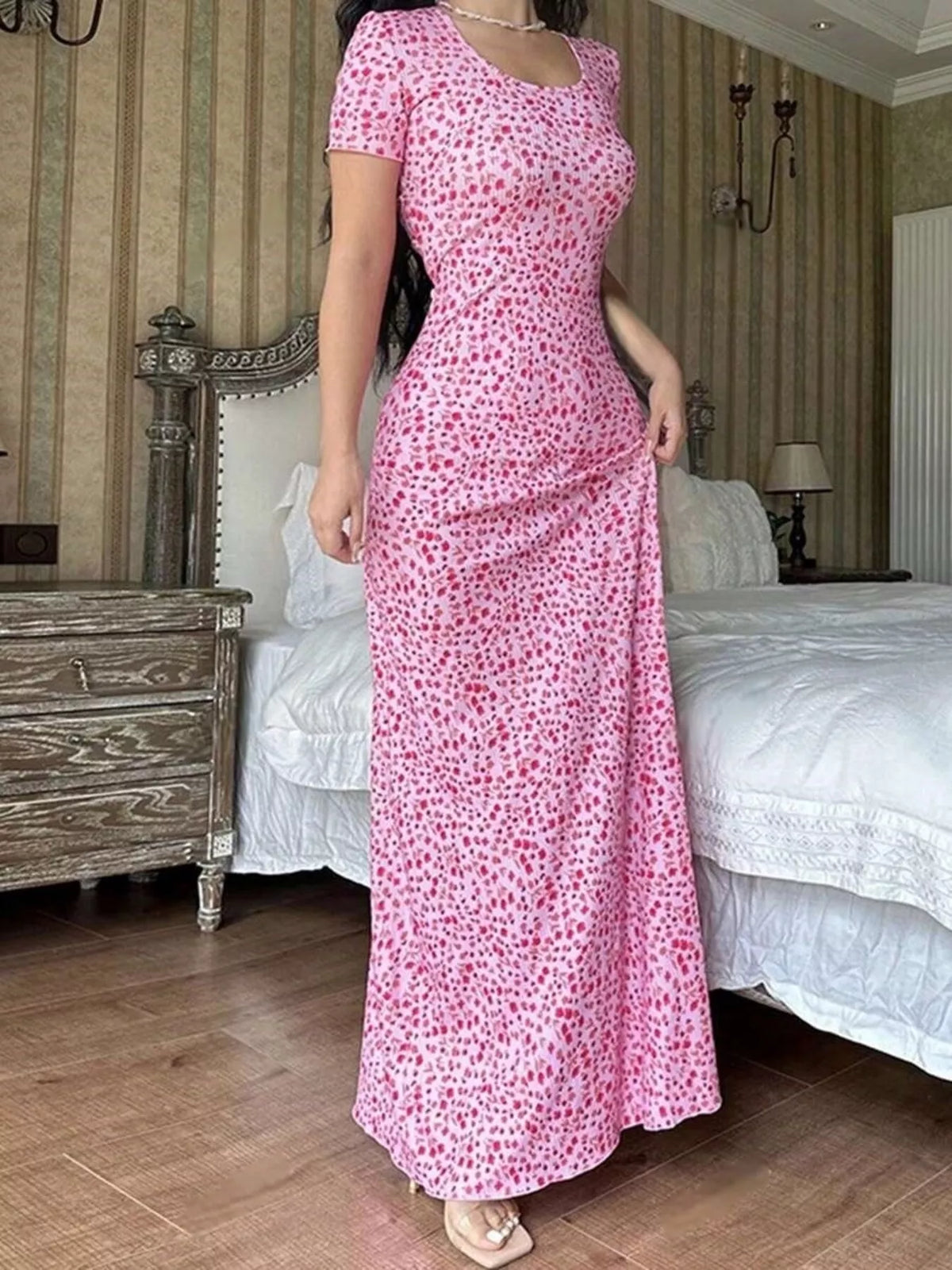 Floral Print Short Sleeve Maxi Dress - Pink - View 2