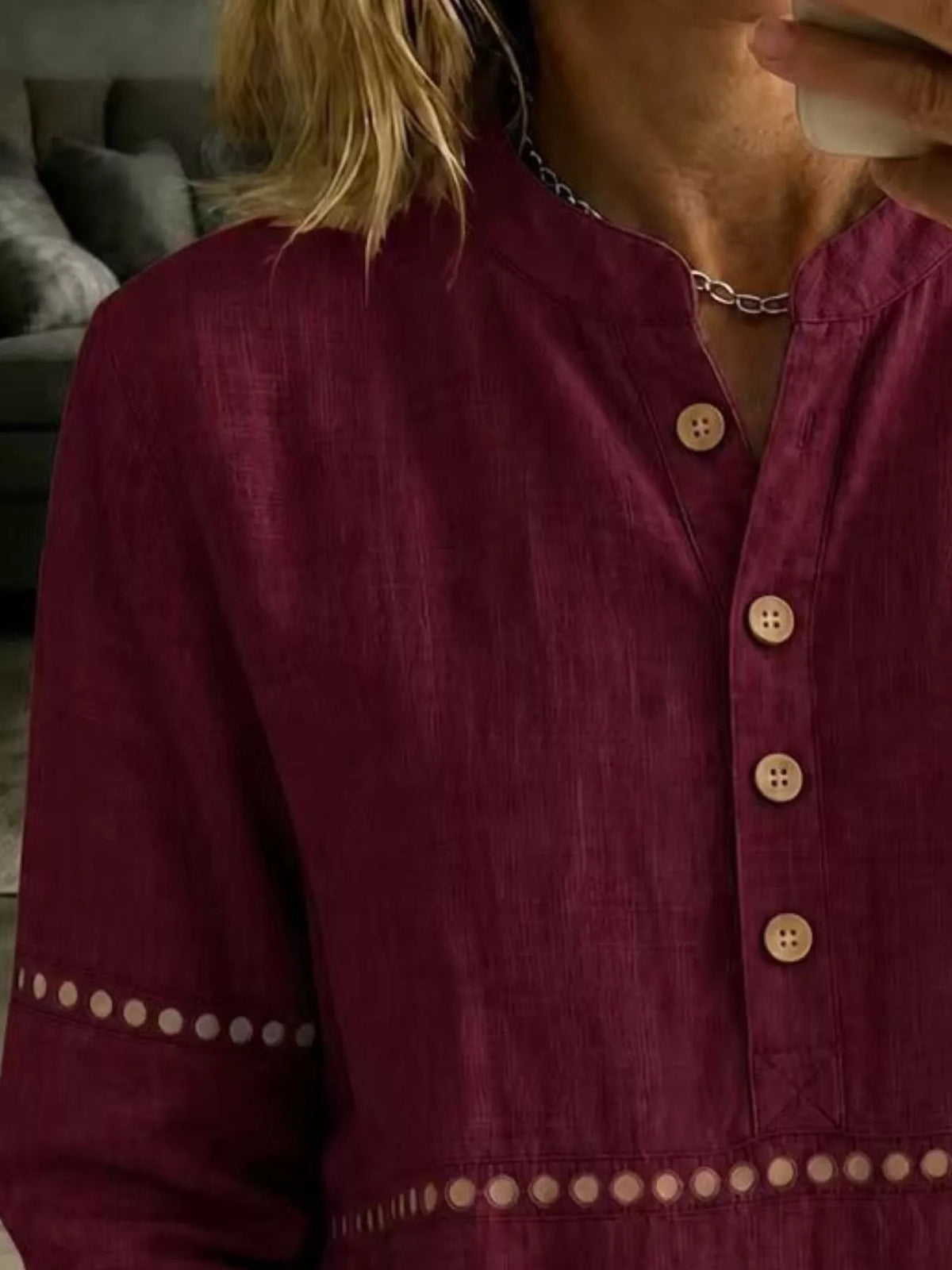 Full Size Button Detail Eyelet Long Sleeve Blouse Plus Size - Burgundy - View 2