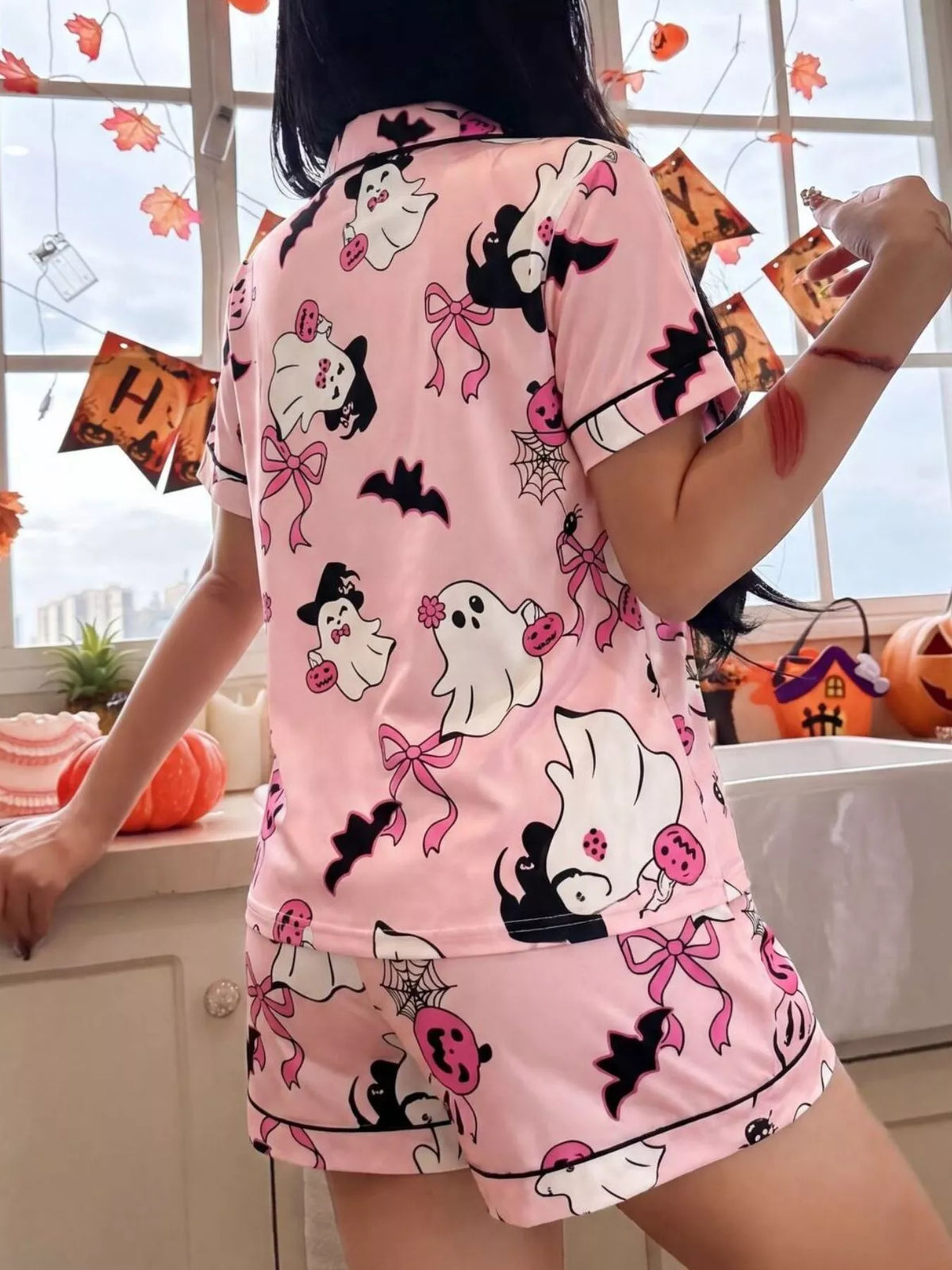 Halloween Ghost Print Button-Down Top and Shorts Lounge Set - Pink - View 4