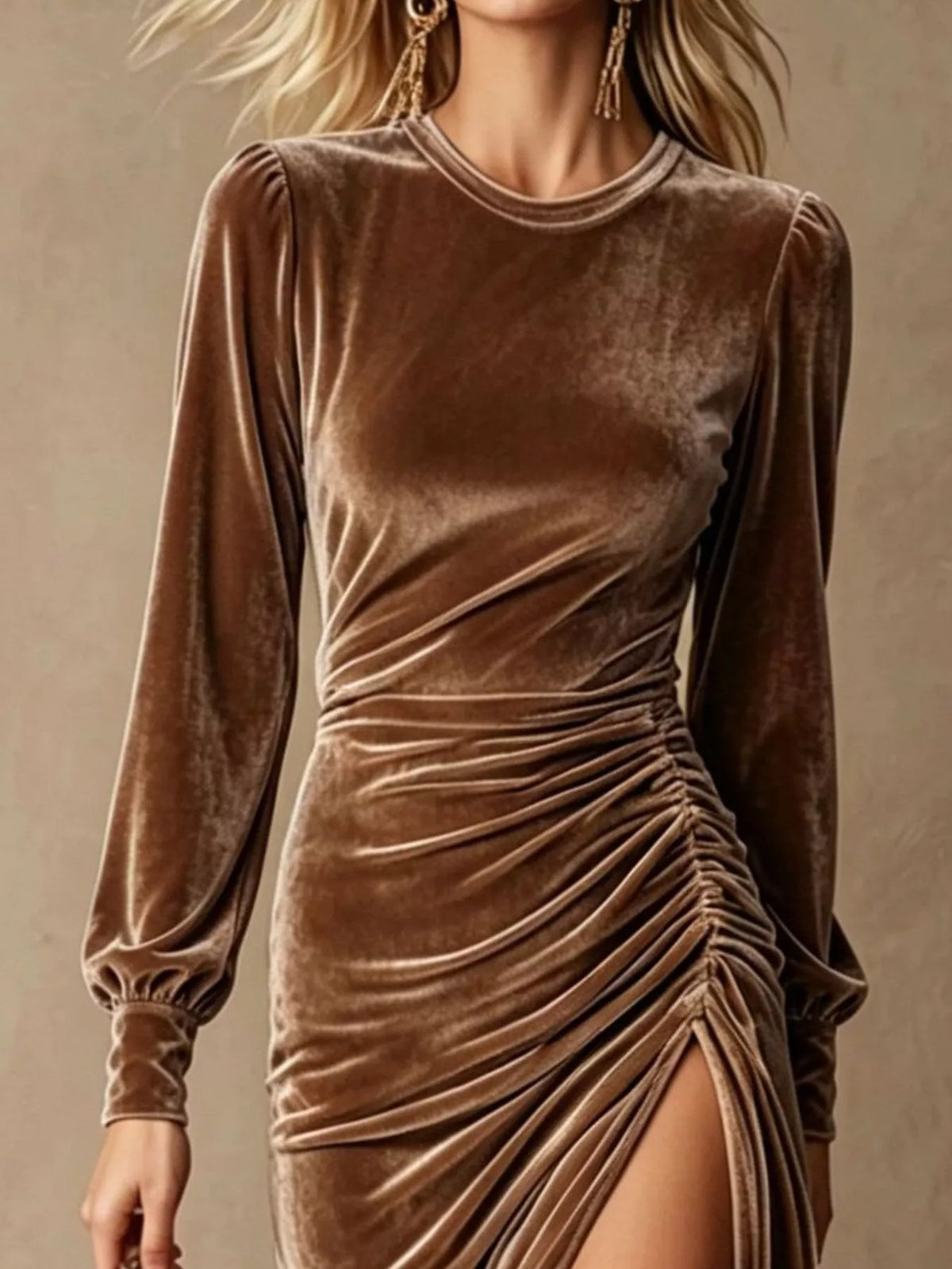 Velvet Ruched Long-Sleeve Slit Dress - Taupe - View 2
