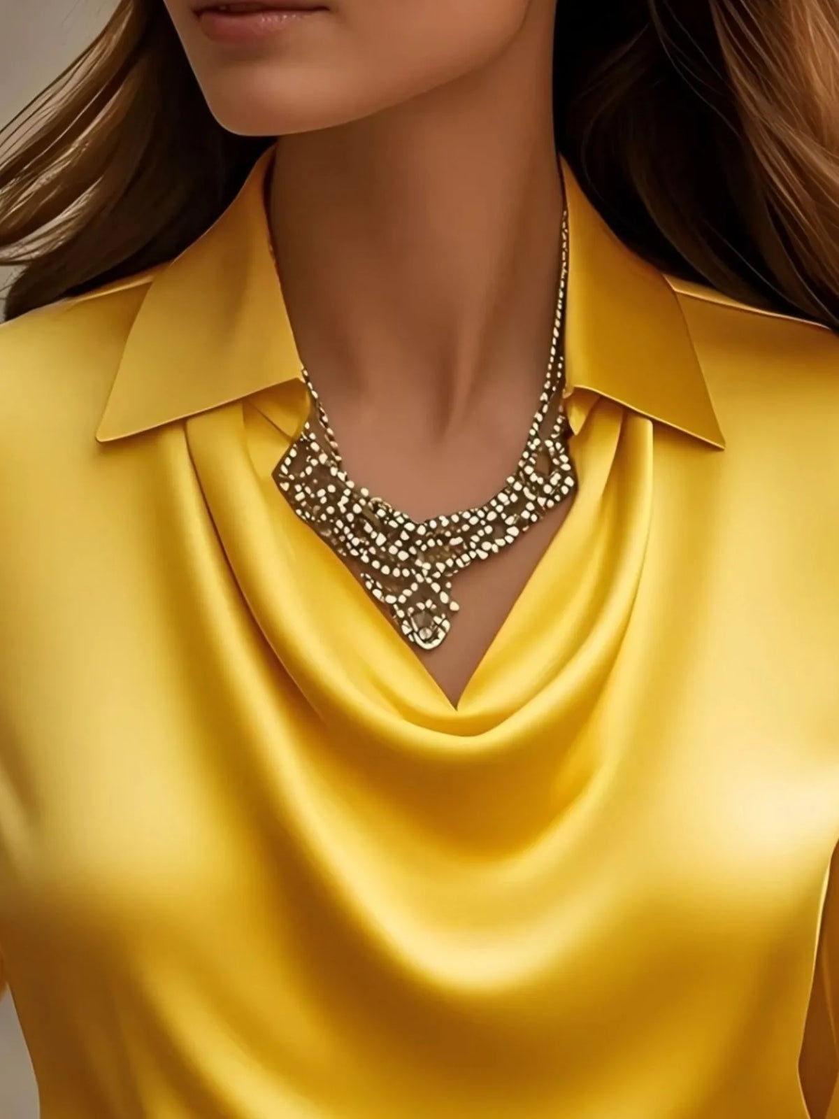 Satin Collar Long Sleeve Blouse - Gold - View 11