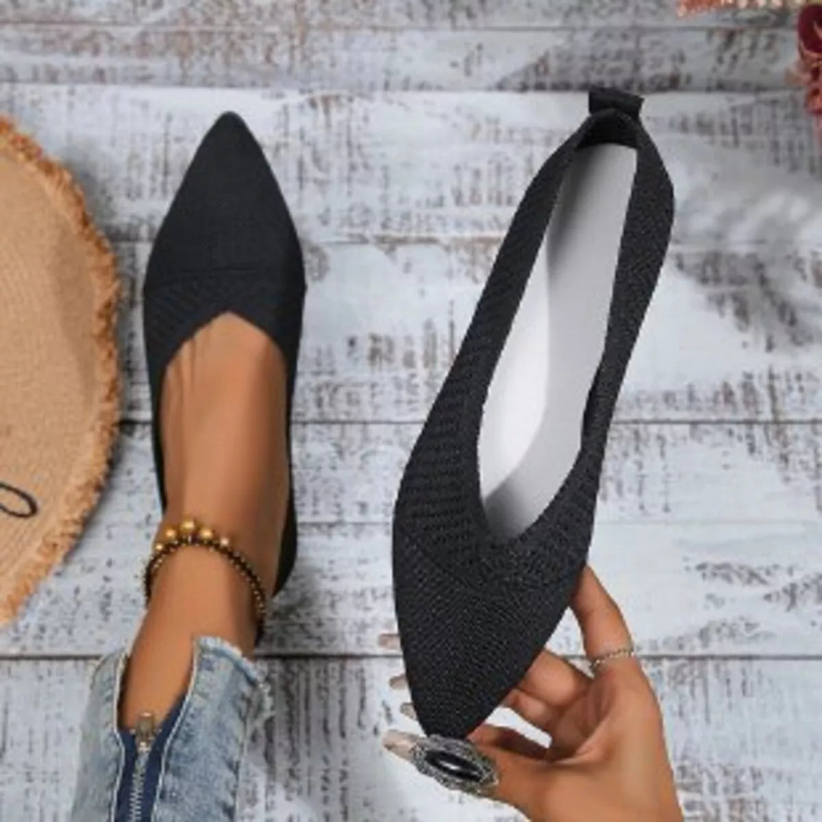 Point Toe Flats Slip-Ons - Black - View 3