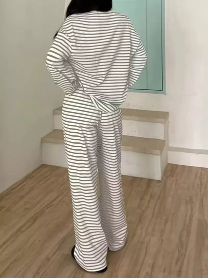 Striped Long Sleeve Top and Pants Set - Gray - View 4